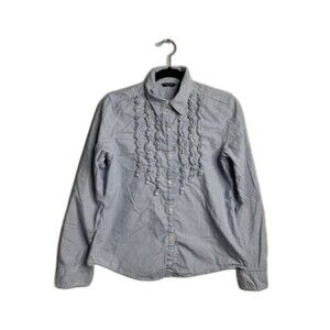 American Eagle Button-Front Favorite Fit Blue/White Stripe Ruffle Front Shirt M